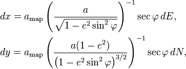 \begin{align}
 & dx = a_\text{map} \left(\frac{a}{\sqrt{1-e^2 \sin^2 \varphi }}\right)^{-1} \sec \varphi \, dE ,\\
& dy = a_\text{map} \left(\frac{a(1- e^2)}{\left(1-e^2 \sin^2 \varphi\right)^{3/2}}\right)^{-1} \sec \varphi \, dN ,
 \end{align}
