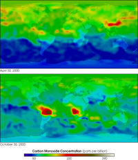 mapa del mundo de las concentraciones de monóxido de carbono en la atmósfera inferior