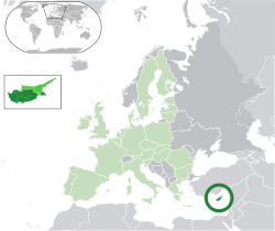 Ubicación de Chipre (verde oscuro) en la Unión Europea (verde claro) - [Leyenda]