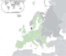 Ubicación de Dinamarca [b] (verde oscuro) - en Europa (verde y gris oscuro) - en la Unión Europea (verde) - [Leyenda]