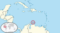 Ubicación de Aruba (círculo rojo) en el Caribe (amarillo claro)