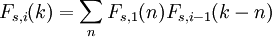 F_ {s, i} (k) = \ sum_n {F_ {s, 1} (n) F_ {s, i-1} (k - n)} \,