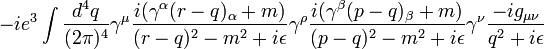 -es decir ^ 3 \ int {d ^ 4 q \ over (2 \ pi) ^ 4} \ gamma ^ \ mu {i (\ gamma ^ \ alpha (rq) _ \ alpha + m) \ over (rq) ^ 2 - m ^ 2 + i \ epsilon} \ gamma ^ \ rho {i (\ gamma ^ \ beta (pq) _ \ beta + m) \ over (pq) ^ 2 - m ^ 2 + i \ epsilon} \ gamma ^ \ nu {g -i _ {\ mu \ nu} \ más q ^ 2 + i \ epsilon}