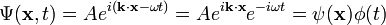 \ Psi (\ mathbf {x}, t) = Ae ^ {i (\ mathbf {k} \ cdot \ mathbf {x} - \ omega t)} = Ae ^ {i \ mathbf {k} \ cdot \ mathbf { x}} e ^ {- i \ omega t} = \ psi (\ mathbf {x}) \ phi (t)