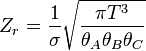 Z_r = \ frac {1} {\ sigma} \ sqrt {\ frac {{\ pi} T ^ 3} {\ theta_A \ theta_B \ theta_C}}