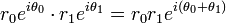 r_0 e ^ {i \ theta_0} \ cdot r_1 e ^ {i \ theta_1} = r_0 r_1 e ^ {i (\ theta_0 + \ theta_1)} \,