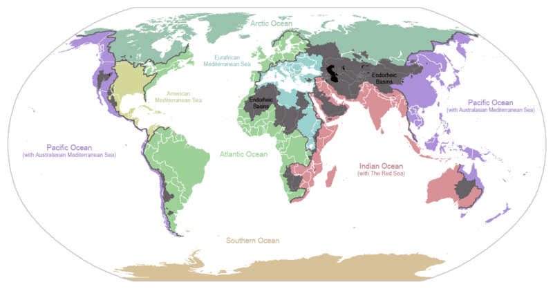 Divisiones continentales importantes, mostrando el drenaje en los principales mares y océanos del mundo. Las zonas grises son cuencas endorreicas, que no fluyen hacia el océano.