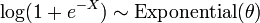 \ Operatorname {log} (1 + e ^ {- X}) \ sim \ operatorname {Exponencial} (\ theta) \,