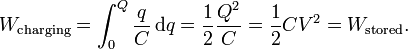 W_ \ text {carga} = \ int_ {0} ^ {Q} \ frac {q} {C} \, \ mathrm {d} q = \ frac {1} {2} \ frac {Q ^ 2} {C } = \ frac {1} {2} CV ^ 2 = W_ \ text {} almacenado.