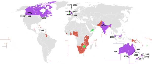 Ubicaciones de los juegos, y los países participantes