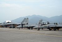 Sukhoi Su-30MKM Flanker y Aermacchi MB-339s aviones militares de la Real Fuerza Aérea de Malasia en el aeropuerto de Langkawi.