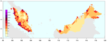 Un mapa de Malasia que representa el esperado 2010 estimado la densidad de población.