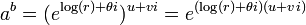 \, A ^ b = (e ^ {\ log (r) + {\ theta} i}) ^ {u + vi} = e ^ {(\ log (r) + {\ theta} i) (u + vi )}