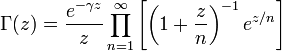 \ Gamma (z) = \ frac {e ^ {- \ gamma z}} {z} \ prod_ {n = 1} ^ \ infty \ left [\ left (1+ \ frac {z} {n} \ right) ^ {- 1} e ^ {z / n} \ right] \,