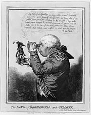 Une dur??e de haute Napol??on se dresse sur la main tendue d'une pleine grandeur George III, qui scrute sur lui ?? travers une lorgnette.