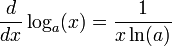 \ Frac {d} {dx} \ log_a (x) = \ frac {1} {x \ ln (a)}