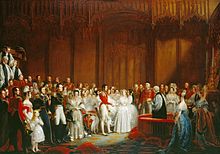 Peinture d'un mariage somptueux assist?? par des gens richement v??tus dans une magnifique salle