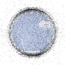 A diagram of the Earth surrounded by huge numbers of black dots, indicating tracked pieces of orbital debris. Voir texte adjacent pour plus de d??tails.