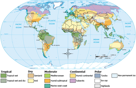 Carte de diviser monde zones climatiques, largement influenc?? par la latitude. Les zones, allant de l'??quateur vers le haut (et vers le bas) sont Tropical, ?? sec, mod??r??e, Continental et Polar. Il ya sous-zones au sein de ces zones.