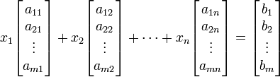 x_1 \ begin {} bmatrix a_ {11} \\ a_ {21} \\ \ vdots \\ a_ {m1} \ end {} + bmatrix x_2 \ begin {} bmatrix a_ {12} \\ a_ {22} \\ \ vdots \\ a_ {m2} \ end {} bmatrix + \ cdots + x_n \ begin {} bmatrix a_ {} \\ 1n a_ {2n} \\ \ vdots \\ a_ {mn} \ end {} bmatrix = \ begin {} bmatrix b_1 \\ b_2 \\ \ vdots \\ b_m \ end {} bmatrix