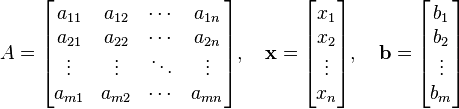 A = \ begin {} bmatrix a_ {11} et {12} a_ & \ & cdots a_ {} \\ 1n a_ {21} et {22} a_ & \ & cdots a_ {2n} \\ \ vdots & \ vdots & \ & ddots \ vdots \\ a_ {m1} & a_ {} m2 & \ & cdots a_ {mn} \ end {} bmatrix, \ quad \ gras {x} = \ begin {} bmatrix x_1 \\ \\ x_2 \ vdots \\ x_n \ end {} bmatrix, \ quad \ gras {b} = \ begin {} bmatrix b_1 \\ b_2 \\ \ vdots \\ b_m \ end {} bmatrix