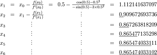 \ Begin {matrix} x_1 & = & x_0 - \ frac {f (x 0) {} f '(x 0)} = & & 0,5 - \ frac {\ cos (0,5) - 0,5 ^ 3} {- \ sin (0,5 ) - 3 \ times 0,5 ^ 2} & = & 1,112141637097 \\ x_2 & = & x_1 - \ frac {f (x 1)} {f '(x 1)} & & \ & vdots = & \ underline {} 0. 909672693736 \\ x_3 & & \ & vdots & \ & vdots = & \ underline {0,86} 7263818209 \\ x_4 & & \ & vdots & \ & vdots = & \ underline {} 0,86547 7135298 \\ x_5 & & \ & vdots & \ vdots & = & \ underline {} 0,8654740331 11 \\ & x_6 & \ & vdots & \ & vdots = & \ underline {,865474033102} \ end {matrix}