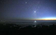 Une photographie du ciel nocturne prises du bord de mer. Une lueur de soleil est ?? l'horizon. Il existe de nombreuses ??toiles visibles. V??nus est au centre, beaucoup plus lumineux que l'une des ??toiles, et sa lumi??re peut ??tre vu refl??t??e dans l'oc??an.