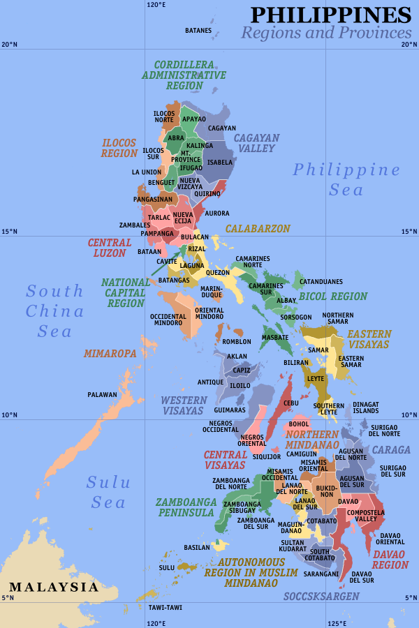 Une carte cliquable des Philippines pr??sentant ses 17 r??gions et 80 provinces.