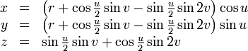 \ Begin {array} {RCL} x & = & \ gauche (R + \ cos \ frac {u} {2} \ p??ch?? v - \ sin \ frac {u} {2} \ p??ch?? 2v \ right) \ cos u \\ & y = & \ gauche (R + \ cos \ frac {u} {2} \ p??ch?? v - \ sin \ frac {u} {2} \ sin 2v \ right) \ sin u \\ & z = & \ sin \ frac {u} {2} \ p??ch?? v + \ cos \ frac {u} {2} \ p??ch?? 2v \ end {array}