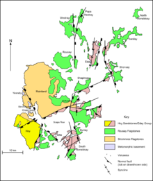 Une carte de la g??ologie des Orcades. Hoy au sud-ouest est principalement form??e de Hoy / Eday Gr??s. Le continentale au centre est largement dalles Stromness avec dalles Rousay ?? l'est. Les ??les du Nord et du Sud sont un m??lange de Eday et Rousay gr??s.