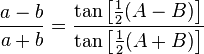 \ Frac {ab} {a + b} = \ frac {\ tan \ left [\ frac {1} {2} (AB) \ right]} {\ tan \ left [\ frac {1} {2} (A + B) \ right]}