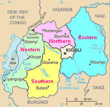 Carte du Rwanda montrant les cinq provinces de diff??rentes couleurs, ainsi que les grandes villes, les lacs, les rivi??res et les zones des pays voisins