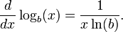 \ Frac {d} {dx} \ log_b (x) = \ frac {1} {x \ ln (b)}.