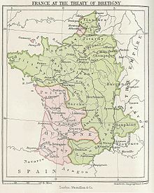 Carte montrant 14e si??cle en France en vert, avec le sud-ouest et dans certaines parties du nord en rose.