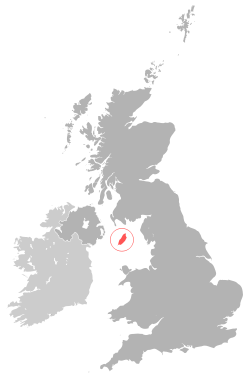 Situation de l'??le de Man (rouge) dans la mer d'Irlande (Manx mer) entre l'Angleterre ?? ?? Pays de Galles et l'Ecosse Irlande du Nord (gris fonc??)