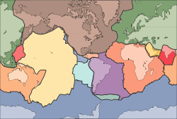 Montre l'??tendue et les limites de plaques tectoniques, avec des contours superpos??s des continents qu'ils soutiennent