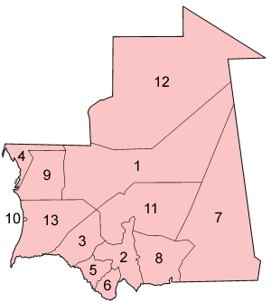 Une carte cliquable de la Mauritanie pr??sentant ses douze r??gions et un district de la capitale.