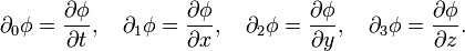 \ Partial_0 \ phi = \ frac {\ partial \ phi} {\ partial t}, \ quad \ partial_1 \ phi = \ frac {\ partial \ phi} {\ x partielle}, \ quad \ partial_2 \ phi = \ frac { \ partial \ phi} {\ y partielle}, \ quad \ partial_3 \ phi = \ frac {\ partial \ phi} {\ z partielle}.