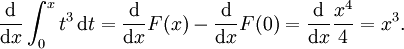 {\ Mathrm d \ over \ mathrm dx} \ int_0 ^ xt ^ 3 \, \ mathrm dt = {\ mathrm d \ over \ mathrm dx} F (x) - {\ mathrm d \ over \ mathrm dx} F (0 ) = {\ mathrm d \ over \ mathrm dx} {x ^ 4 \ plus de 4} = x ^ 3.