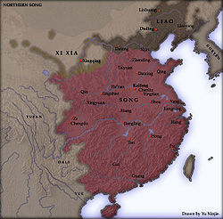 Une carte montrant le territoire des dynasties Song, des Liao, et Xia. La dynastie des Song occupe la moiti?? est de ce qui constitue le territoire de la R??publique populaire moderne de la Chine, ?? l'exception des zones les plus septentrionales (province de Mongolie int??rieure moderne et surtout). Le Xia occupent une petite bande de terre entourant une rivi??re dans ce qui est aujourd'hui la Mongolie int??rieure et le Liao occupent une grande partie de ce qui est aujourd'hui la Chine du nord.