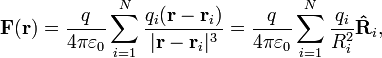 \ Mathbf {F} (\ mathbf {r}) = {q \ plus de 4 \ pi \ varepsilon_0} \ sum_ {i = 1} ^ N {Q_i (\ mathbf {r} - \ mathbf {r} _i) \ over | \ mathbf {r} - \ mathbf {r} _i | ^ 3} = {q \ plus de 4 \ pi \ varepsilon_0} \ sum_ {i = 1} ^ N {Q_i \ over R_i ^ 2} \ mathbf {\ hat {R}} _ i,