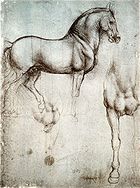 Une page avec deux dessins d'un cheval de bataille, l'un du c??t??, et l'autre montrant la poitrine et ?? la jambe droite.