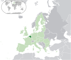 Lieu de Belgique (vert fonc??) - en Europe (vert et gris fonc??) - dans l'Union europ??enne (vert) - [L??gende]