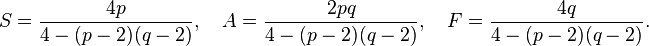 S = \frac{4p}{4 - (p-2)(q-2)},\quad A = \frac{2pq}{4 - (p-2)(q-2)},\quad F = \frac{4q}{4 - (p-2)(q-2)}.