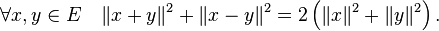 \forall x,y\in E\quad\|x+y\|^2+\|x-y\|^2=2\left(\|x\|^2+\|y\|^2\right).