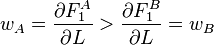 w_A=\frac{\partial F_1^A}{\partial L}>\frac{\partial F_1^B}{\partial L}=w_B