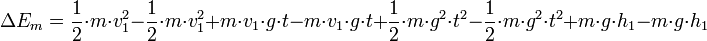 \Delta E_m = \dfrac12\cdot m\cdot v_1^2 -\dfrac12\cdot m\cdot v_1^2 + m\cdot v_1\cdot g\cdot t - m\cdot v_1\cdot g\cdot t + \dfrac12\cdot m\cdot g^2\cdot t^2 - \dfrac12\cdot m\cdot g^2\cdot t^2 + m\cdot g \cdot h_1 -m\cdot g\cdot h_1