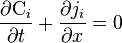 \frac{\partial \mathrm{C}_i}{\partial t} + \frac{\partial j_i}{\partial x} = 0