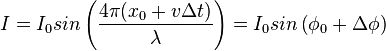 I = I_0 sin \left(\frac{4\pi (x_0 + v \Delta t)}{\lambda}\right) = I_0 sin \left(\phi_0 + \Delta\phi\right)