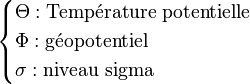 \begin{cases}\Theta: \text{Température potentielle} \\ \Phi: \text{géopotentiel} \\ \sigma: \text{niveau sigma} \end{cases}